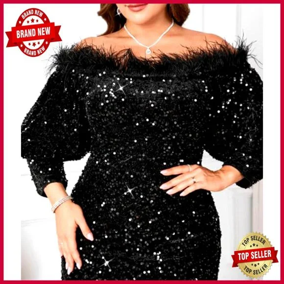 Sequin Off Shoulder Bodycon Midi Dress Formal Evening Party Cocktail Elegant